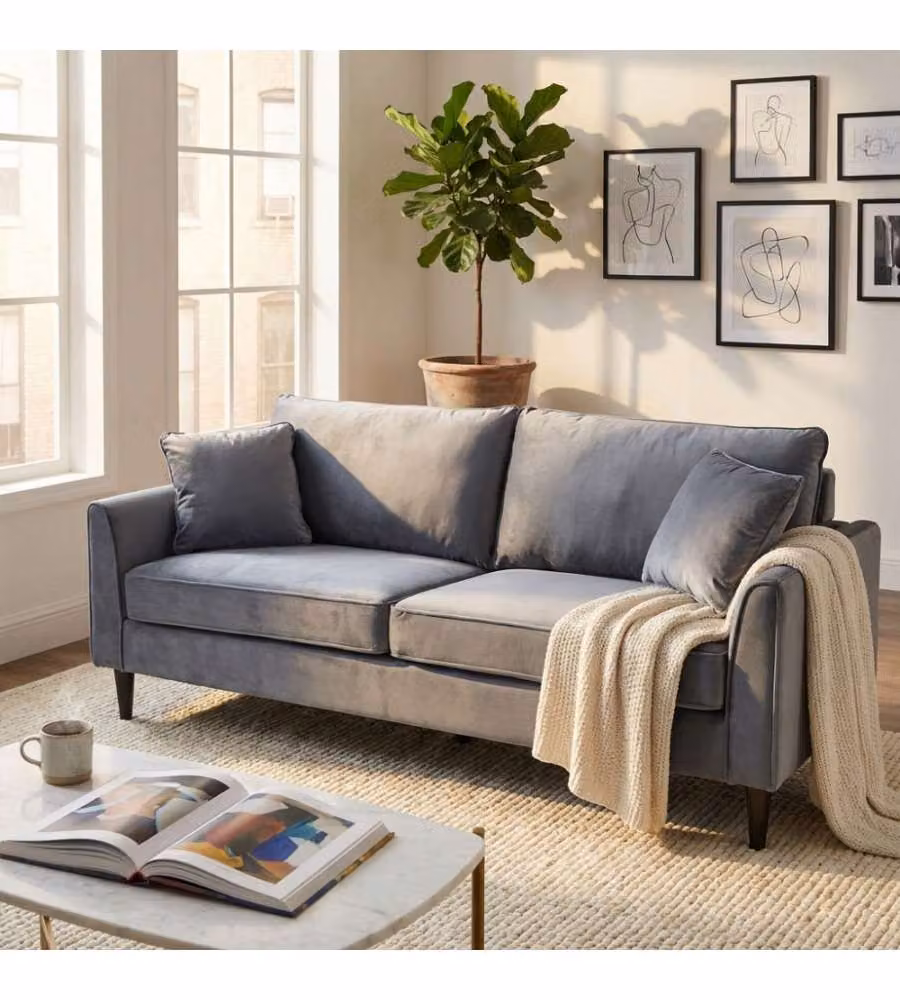 Divano 3 posti moderno Cosma in velluto grigio con cuscini inclusi L: 196 cm, P: 83 cm, H: 89 cm – 1