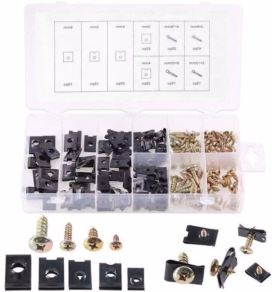 Kit di fissaggio cavi con 170 clip a U e viti, 5 misure