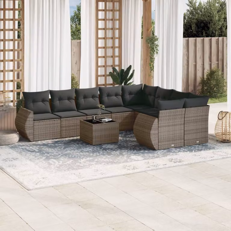vidaXL Set Divano da Giardino 10 pz a Forma di L in Polyrattan Grigio con Cuscini e Tavolino da Caffè