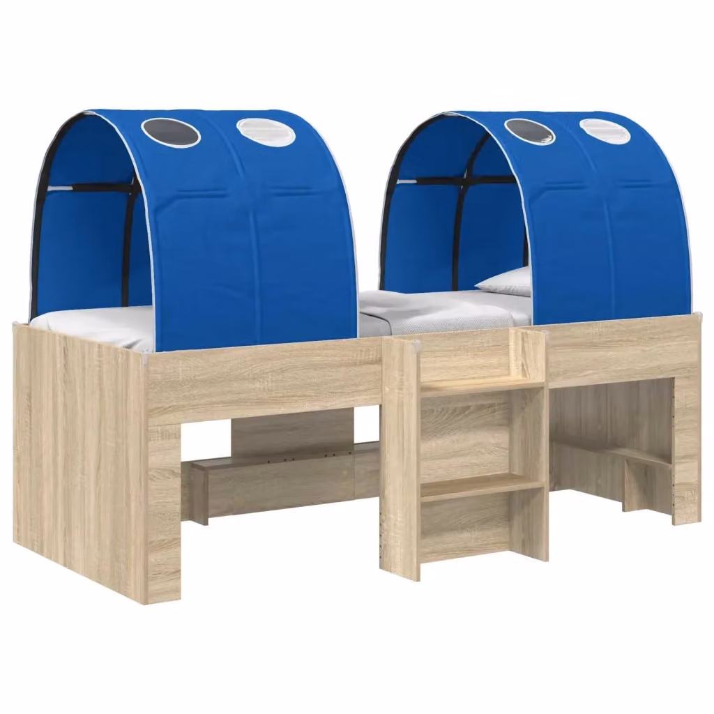 Letto singolo rialzato per bambini vidaXL con struttura a casetta e tunnel, Rovere e Blu, L: 203 cm, P: 120 cm, H: 111 cm – 2