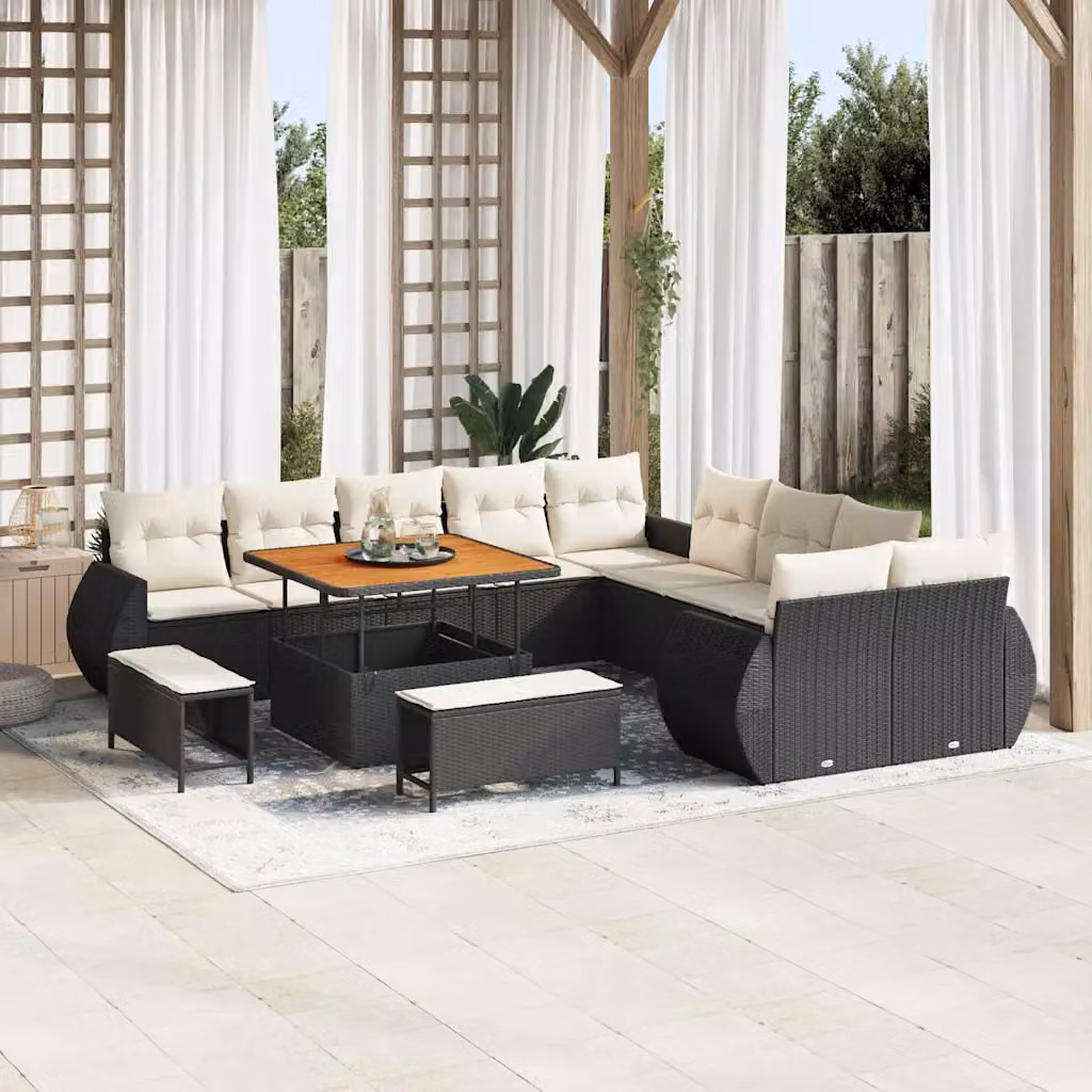 Set Divano da Giardino vidaXL a forma a U composto da 13 pezzi in polyrattan nero con cuscini e tavolino da esterno – 1