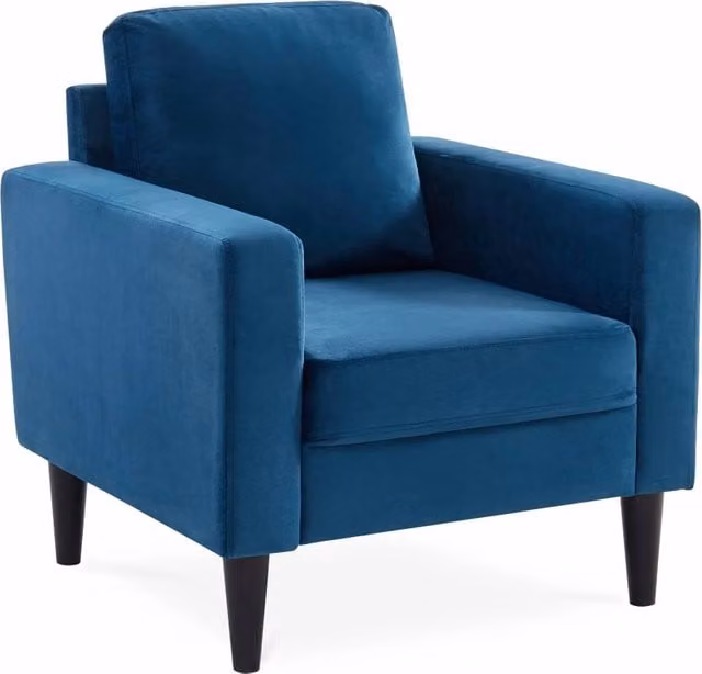 Poltrona scandinava Sweeek in velluto blu con struttura in legno e braccioli