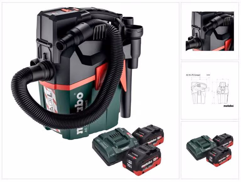 Metabo AS 18 L PC Aspirapolvere compatto a batteria 18 V 6 l IPX4 classe di polvere L wet and dry + 2x batteria ricaricabile 10,0 Ah + caricabatterie