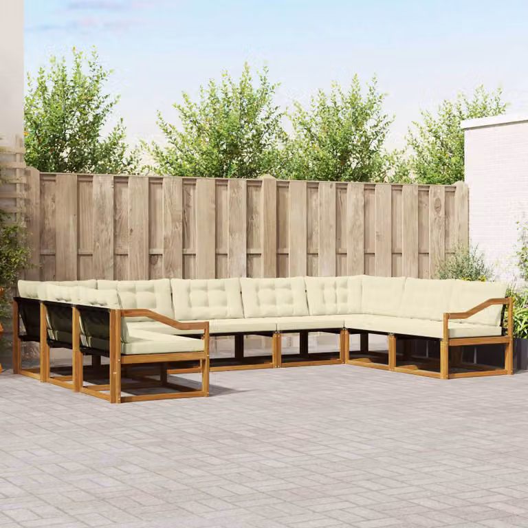 Set di divani da esterno vidaXL 9 pz in legno di acacia con cuscini beige e bianco a forma di U per giardino e terrazza