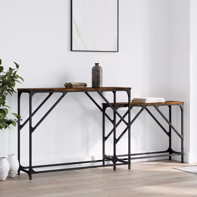 Set di 2 tavoli consolle impilabili vidaXL in legno multistrato e metallo, colore rovere fumo marrone, stile industriale