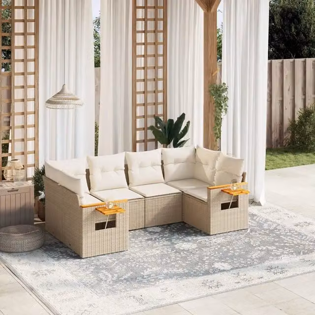 Set Divano da Giardino a L vidaXL in Polyrattan con Cuscini Beige e Tavolino da 6 Pezzi