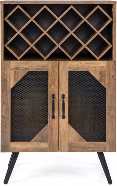 Costway Cantinetta vino in stile industriale con portabottiglie rimovibile e portabicchiere, Credenza da cucina con 2 ante in rete, Marrone