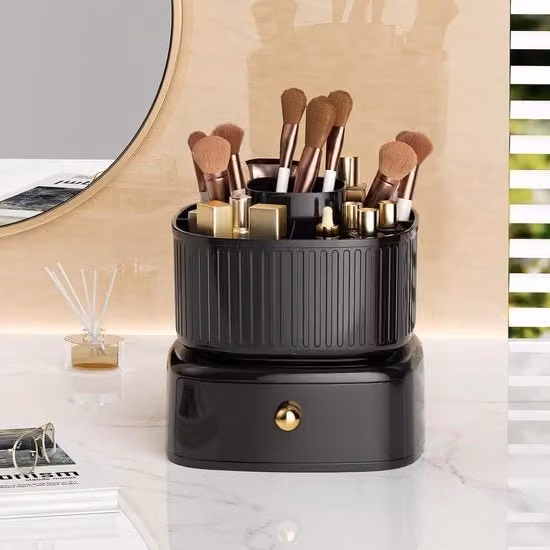 Organizzatore di Trucco Rotativo a 360 Gradi con Supporto per Pennelli in Plastica, Disponibile in Bianco o Nero