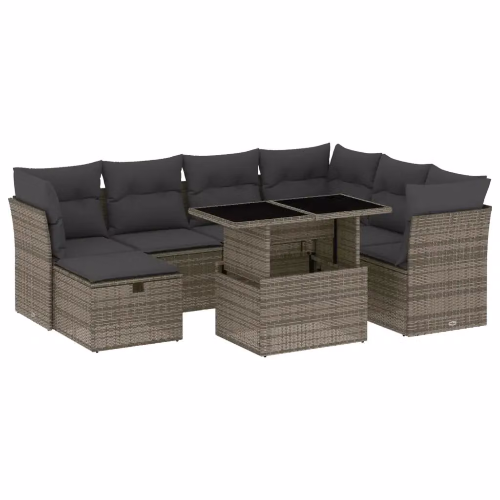 vidaXL Set Divano da Giardino 8 pz a Forma di L in Polyrattan Grigio con Cuscini e Tavolino – 2