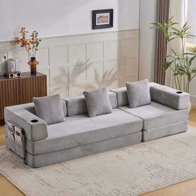 Divano letto moderno Mivray in velluto a coste grigio per soggiorno