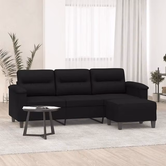 Divano a 3 posti con poggiapiedi vidaXL nero in microfibra per soggiorno L: 210 cm, P: 80 cm, H: 77 cm – 1