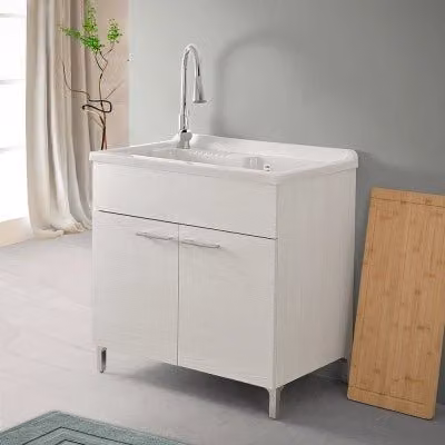 Mobile lavatoio moderno in legno rovere bianco con ante a battente per bagno