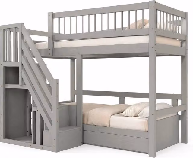 Letto a soppalco per bambini 90x200 cm con scala contenitore in pino; grigio