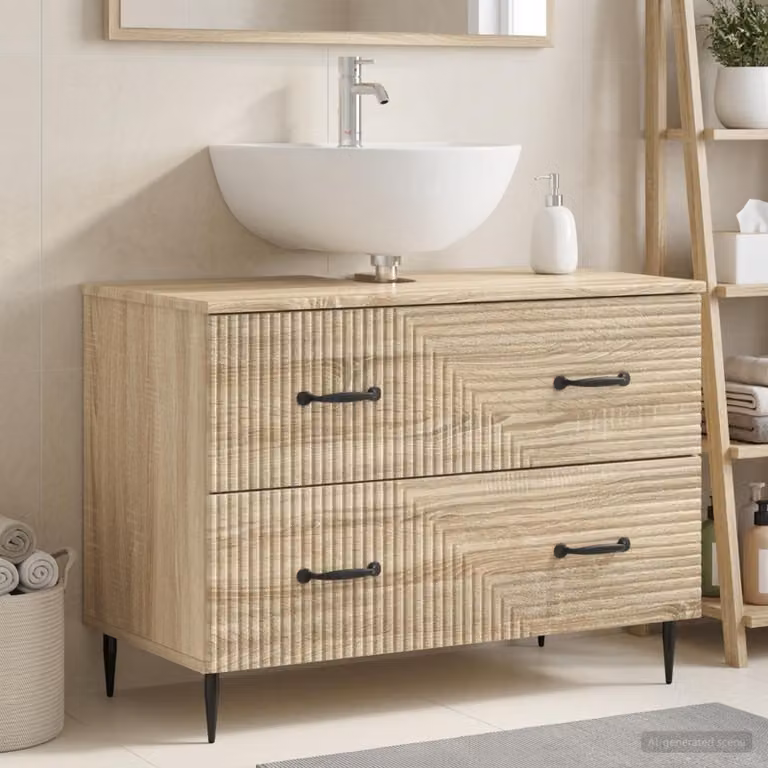 Armadio per lavabo da bagno vidaXL HAARLEM Rovere Sonoma con ante a battente e cassetti interni, Marrone