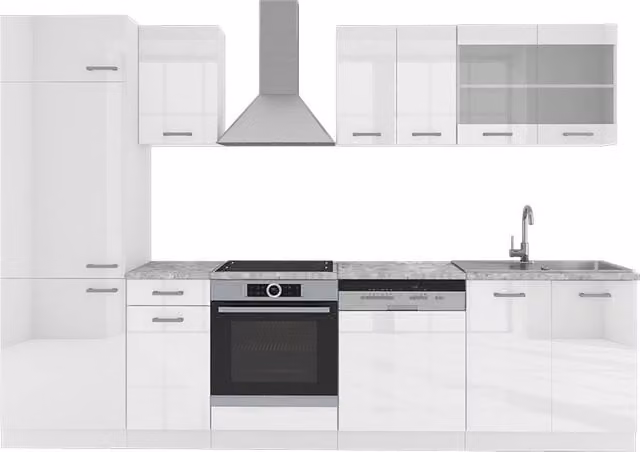 Cucina componibile moderna R-Line Vicco Bianco lucido con piano effetto marmo, L: 300 cm, H: 206,8 cm, P: 60 cm