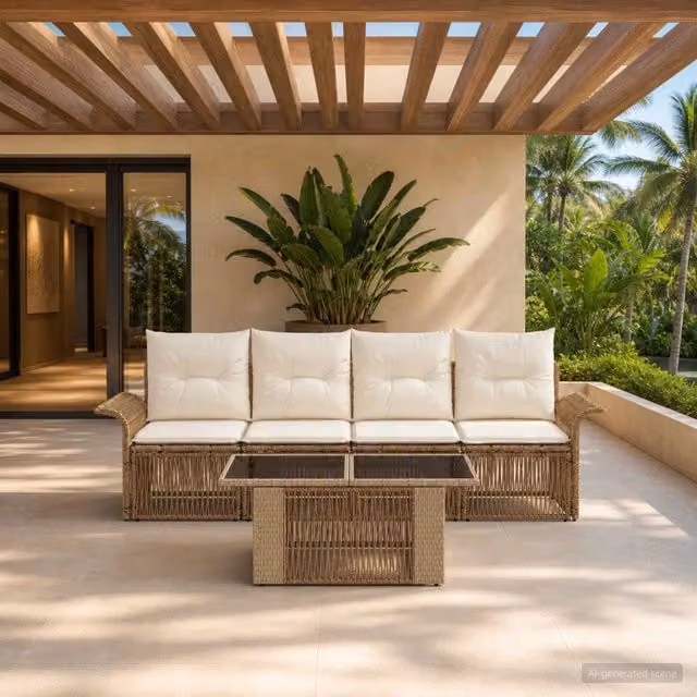 Set Divano da Giardino 5 Pezzi vidaXL Beige e Bianco con Cuscini e Tavolino da Caffè in Polyrattan e Metallo