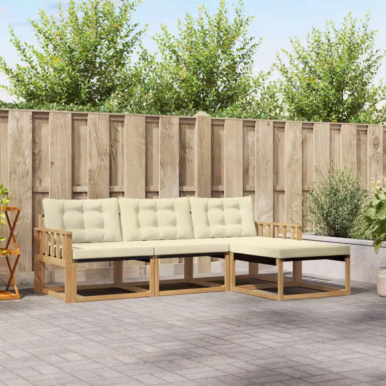 Set di divani da esterno vidaXL a forma di L con pouf, struttura in legno di acacia e cuscini in tessuto bianco, beige e marrone