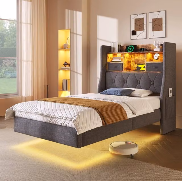 Letto singolo imbottito 90x200 cm con LED, testiera con stazioni di ricarica USB e Type-C, struttura in lino grigio, senza materasso