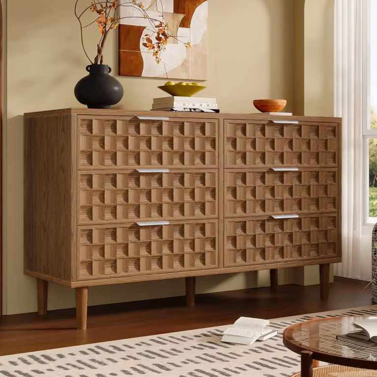 Comodino Flieks con 6 cassetti, mobile contenitore per il soggiorno con maniglie in metallo, credenza multifunzionale in effetto legno di quercia, dimensioni 120x37x77 cm, finitura quercia