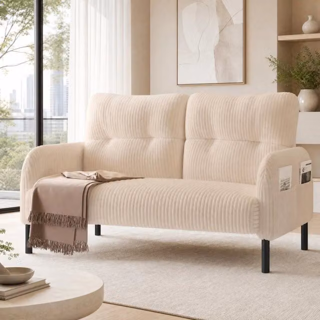 Divano a 2 posti Mivray in velluto a righe beige con struttura imbottita e gambe in metallo e legno L: 120 cm, H: 75 cm, P: 79 cm – 1
