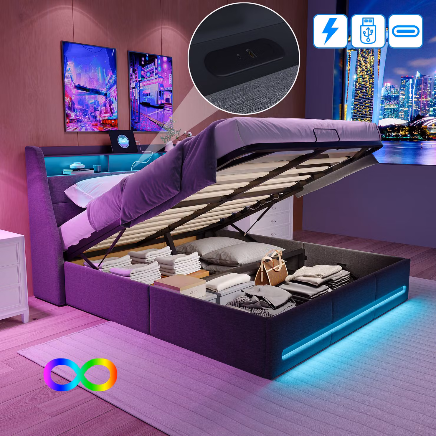 Letto imbottito Moonbite, grigio, 160x200 cm. Tessuto di alta qualità, design minimalista, con porta USB, contenitore e rete a doghe