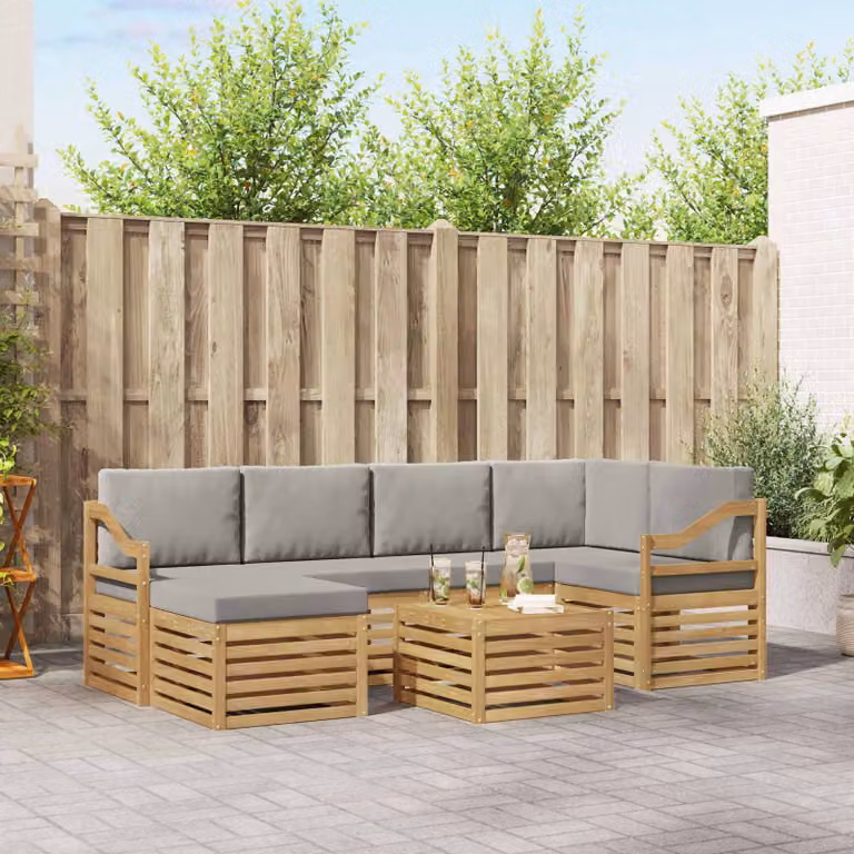 Set di divani da esterno vidaXL 7 pz in legno di acacia con cuscini Bianco e Grigio