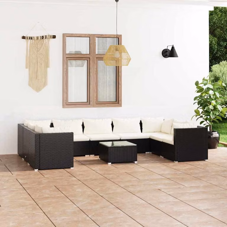 Set Divani da Giardino vidaXL 10 Pezzi con Tavolino e Cuscini, Design Moderno a L in Polyrattan Nero e Beige con Struttura in Acciaio