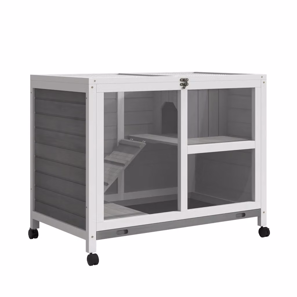 Conigliera XYLO in legno con 2 piani, casetta, rampa e vassoio, L 91.5 cm x P 53.3 cm x H 73 cm – 2