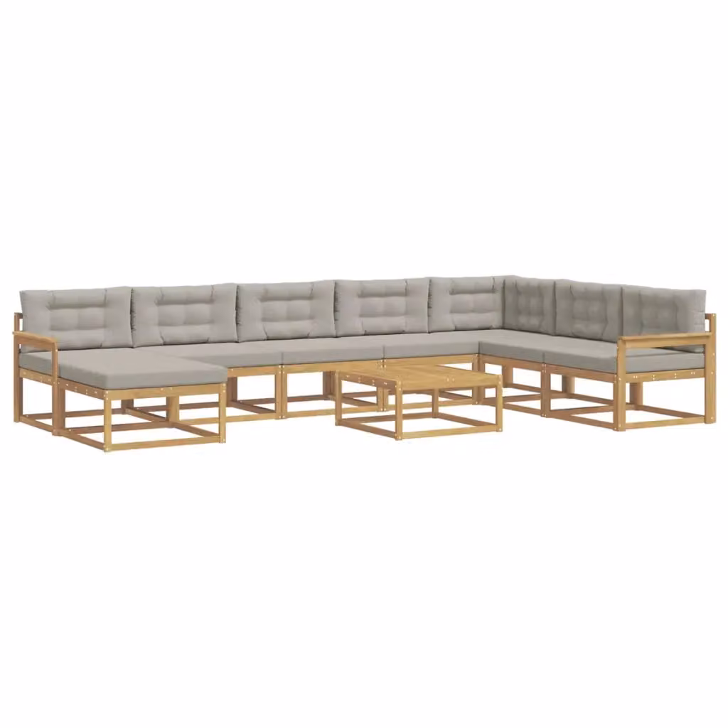 Set di divani da esterno a forma di U vidaXL in legno di acacia con tavolino e pouf, Bianco e Grigio, 9 pezzi – 2