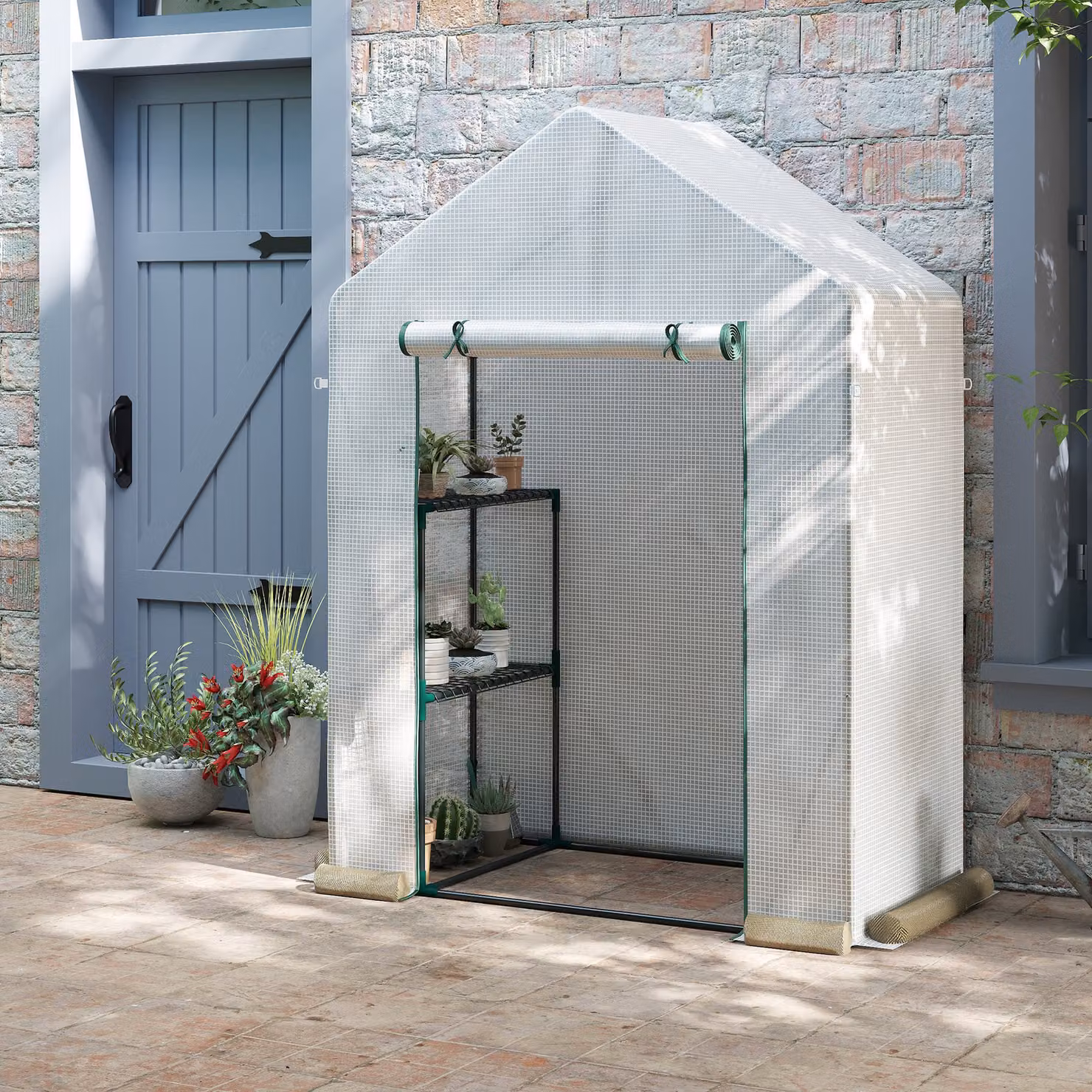 Serra da giardino Outsunny bianca con 2 scaffali e porta avvolgibile, L: 143 cm, P: 73 cm, H: 195 cm – 2