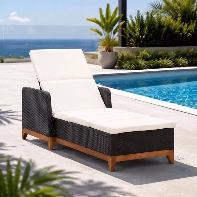 Sun Lounger Made Of Poly Rattan And Solid Acacia Wood, Black