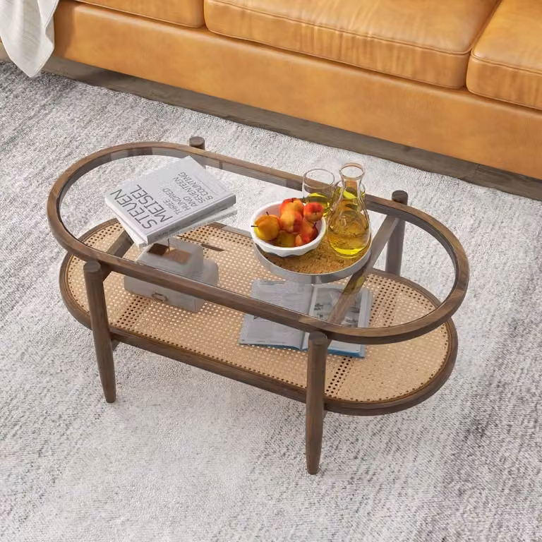 Tavolino da caffè con piano in vetro e ripiano in rattan 102 x 56 x 47 cm marrone