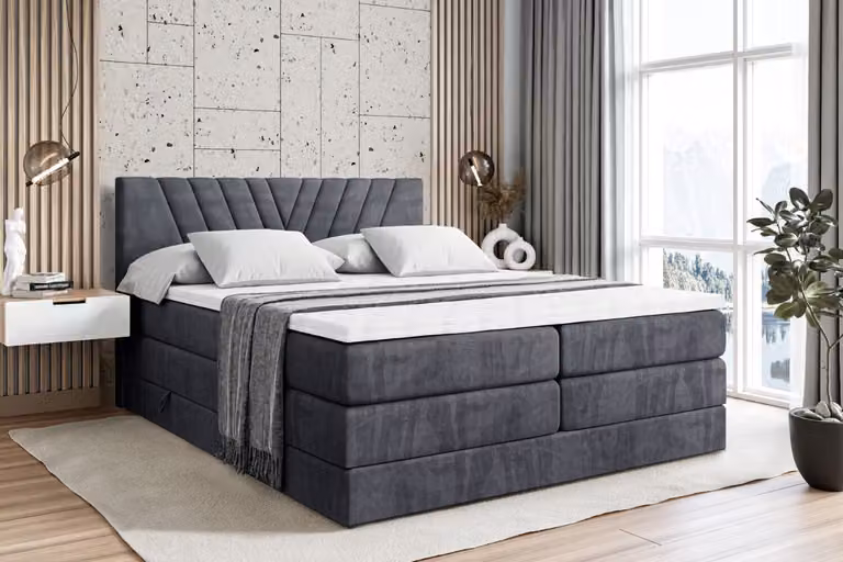 Letto boxspring ALTDECOR con 2 materassi e topper - 180x200 cm - ERNINA KING - Velluto grigio scuro - Letto imbottito con materassi H3 e H4, contenitore e rete a doghe, letto con spazio contenitivo