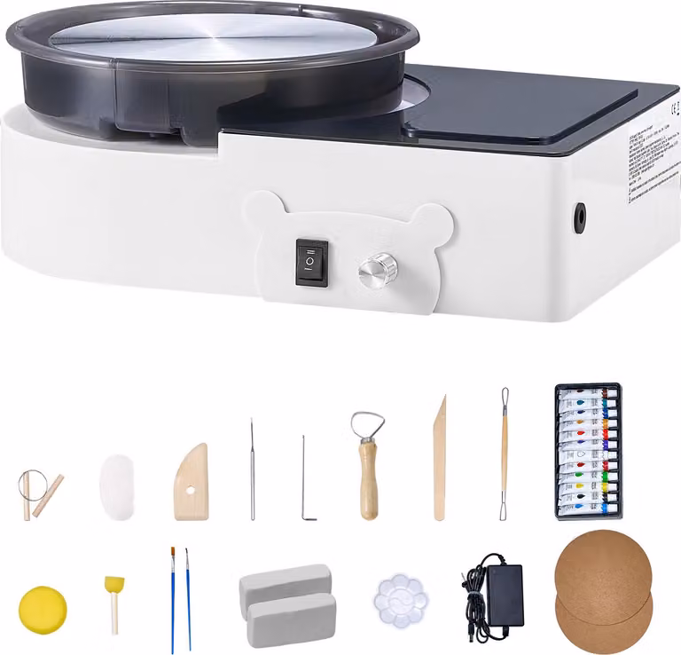 SucceBuy mini tornio da vasaio con piattaforma girevole da 158 mm, velocità di rotazione regolabile e controllo elettrico, inclusi strumenti per modellare l'argilla, ideale per progetti fai da te e corsi di Vetroceramica, bianco