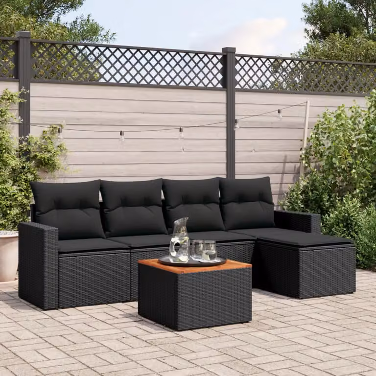 Set Divano da Giardino vidaXL 6 pz in Polyrattan con Cuscini, Tavolino e Ottoman, Colore Nero e Marrone