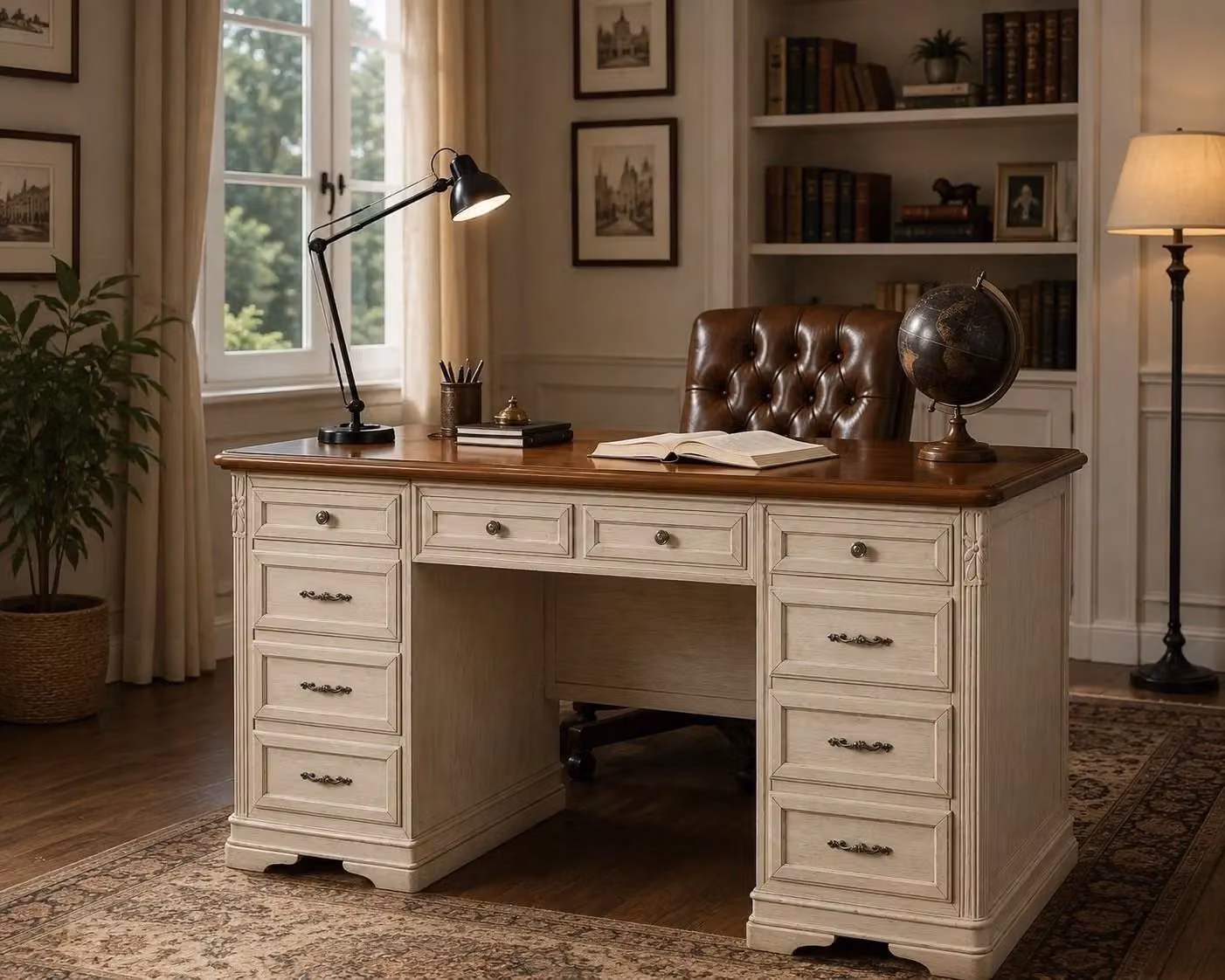 Scrivania classica con 10 cassetti in legno bianco e noce Mobili 2G L: 180 cm, P: 85 cm, H: 82 cm – 2