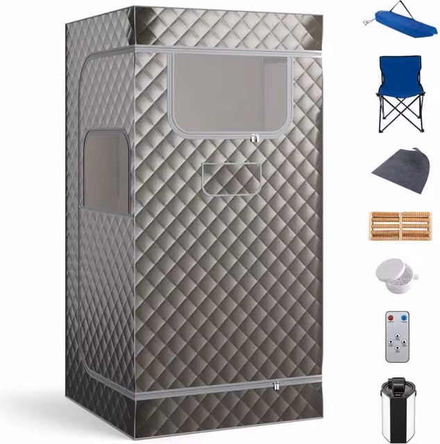 Sauna portatile a vapore per casa con generatore di vapore da 3L telecomando, Box sauna completo 1 posto Grigio