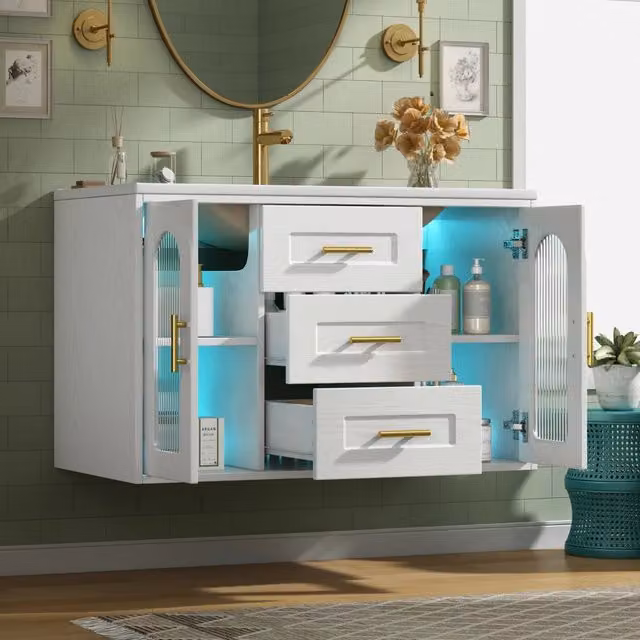 Mobile bagno sospeso 76 cm con lavabo, finitura legno bianco, anta vetro rigato, illuminazione LED, ripiani regolabili e cassetti. Senza rubinetto
