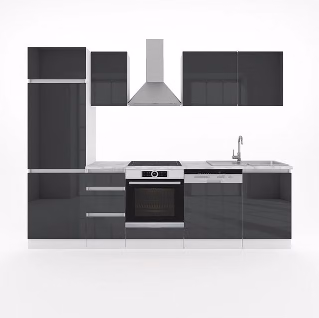 Cucina componibile Optima Vicco colore Antracite lucido e Bianco, larghezza 270 cm, con illuminazione LED integrata, senza piano di lavoro e senza maniglie – 1