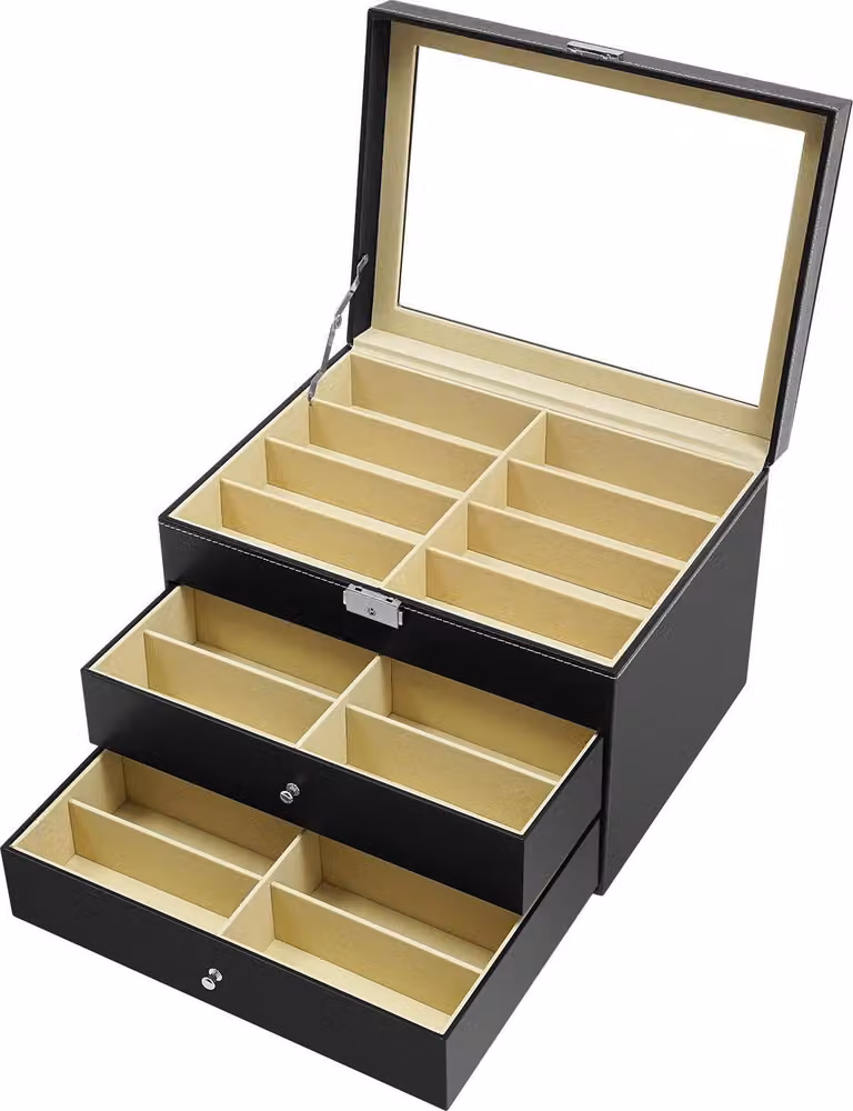 Scatola portaocchiali - Valigetta espositiva - 24 scomparti, 3 livelli, coperchio in vetro, serratura, 34×25×19 cm - Nero