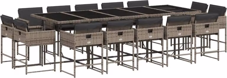 Set da Pranzo da Giardino 15 pz con Cuscini Grigio Polyrattan