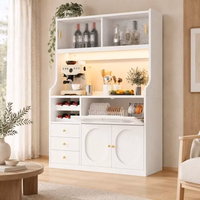 Mobile cucina alto ULEVR 120x40x180 cm con luci RGB, ante in vetro, portabottiglie e 3 cassetti, bianco
