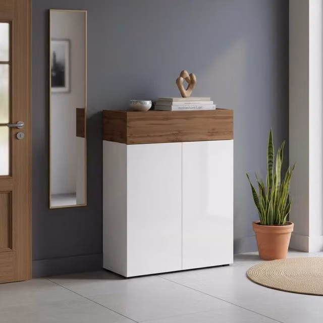Scarpiera Nala DMORA, Armadio porta scarpe moderno con ante a ribalta, Bianco e Rovere, L: 76 cm, P: 38 cm, H: 100 cm