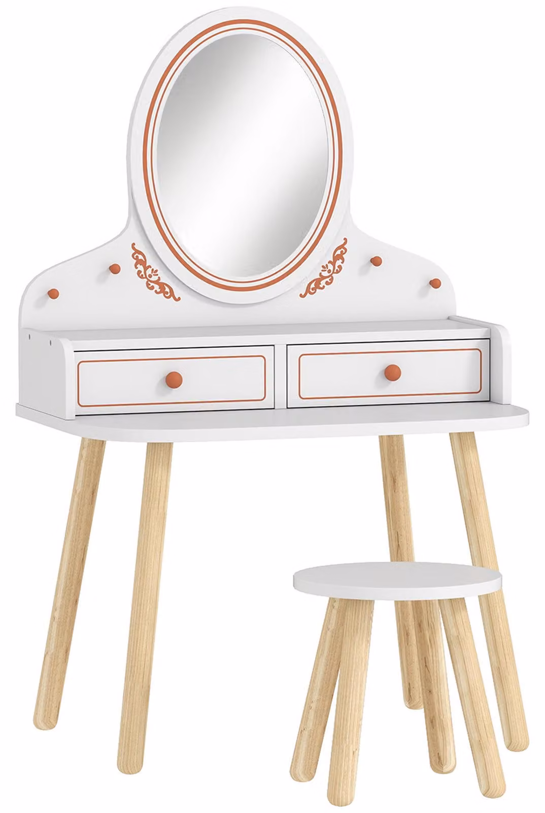 Tavolino da trucco per bambini con specchio e sgabello, 2 cassetti | Colore: Bianco | Dimensioni: 38x56x87,8 cm