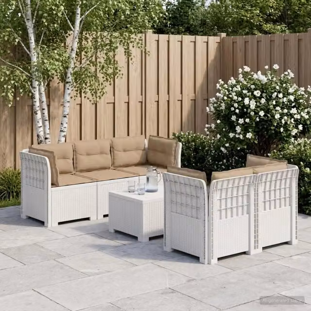 Divano da Giardino 5 Posti con Cuscini Stile Rattan PP Bianco 3443916