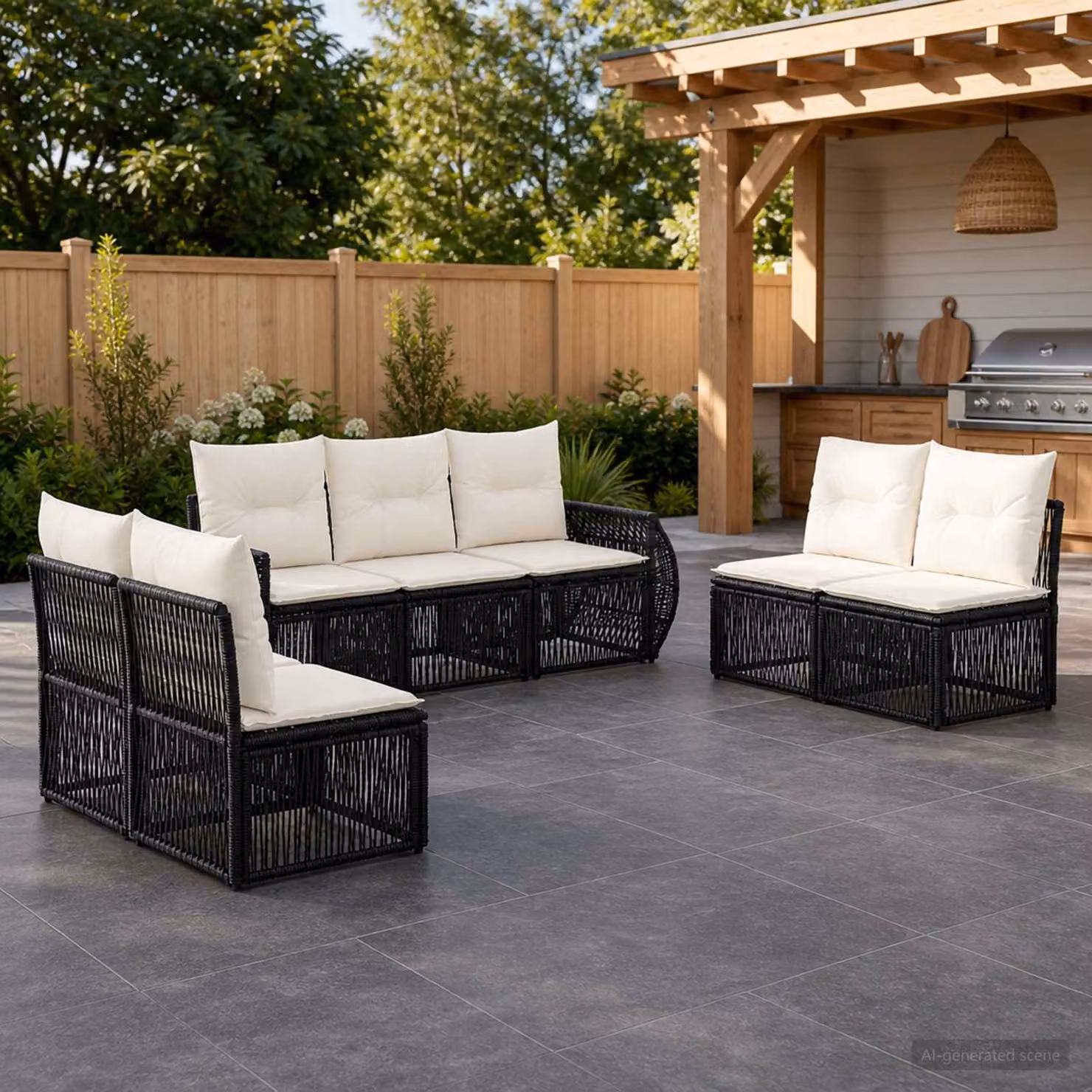 Set Divano da Giardino vidaXL a forma a U composto da 7 pezzi in rattan con cuscini bianchi e struttura in metallo nero