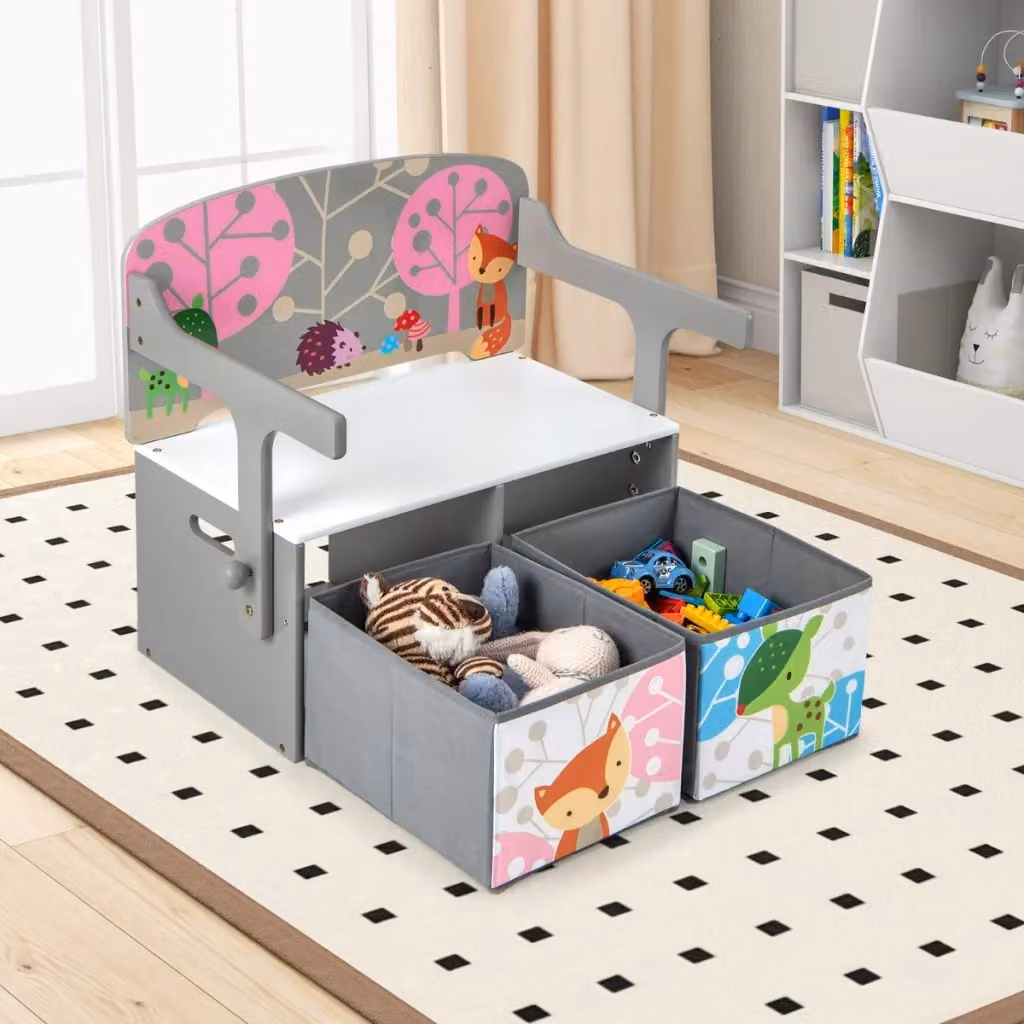 Set tavolo e sedie convertibile per bambini con 2 cassetti in tessuto rimovibili Grigio – 2