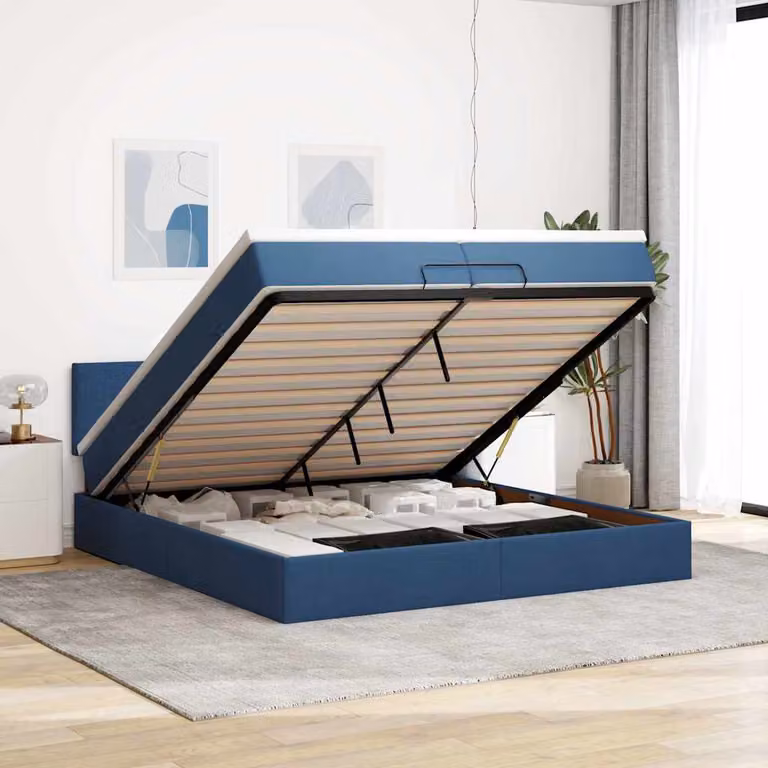 Letto matrimoniale con contenitore e materasso vidaXL in tessuto blu e bianco, L 200 x P 200 x H 280 cm