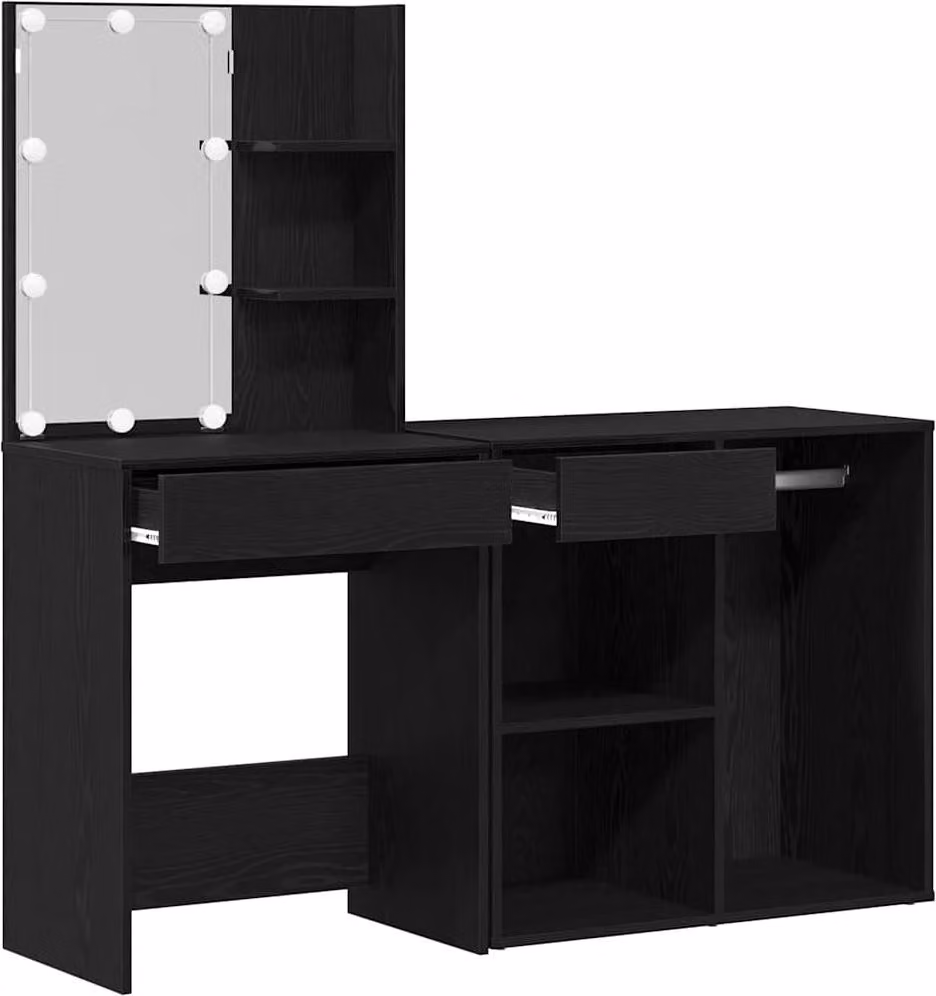 Set Tavolo da Trucco LED Rovere Nero 140 x 40 x 140 cm