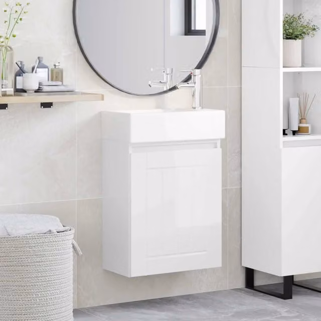 Mobile bagno sospeso vidaXL Bianco Lucido con rubinetto L: 45,5 cm, P: 25,5 cm, H: 84 cm